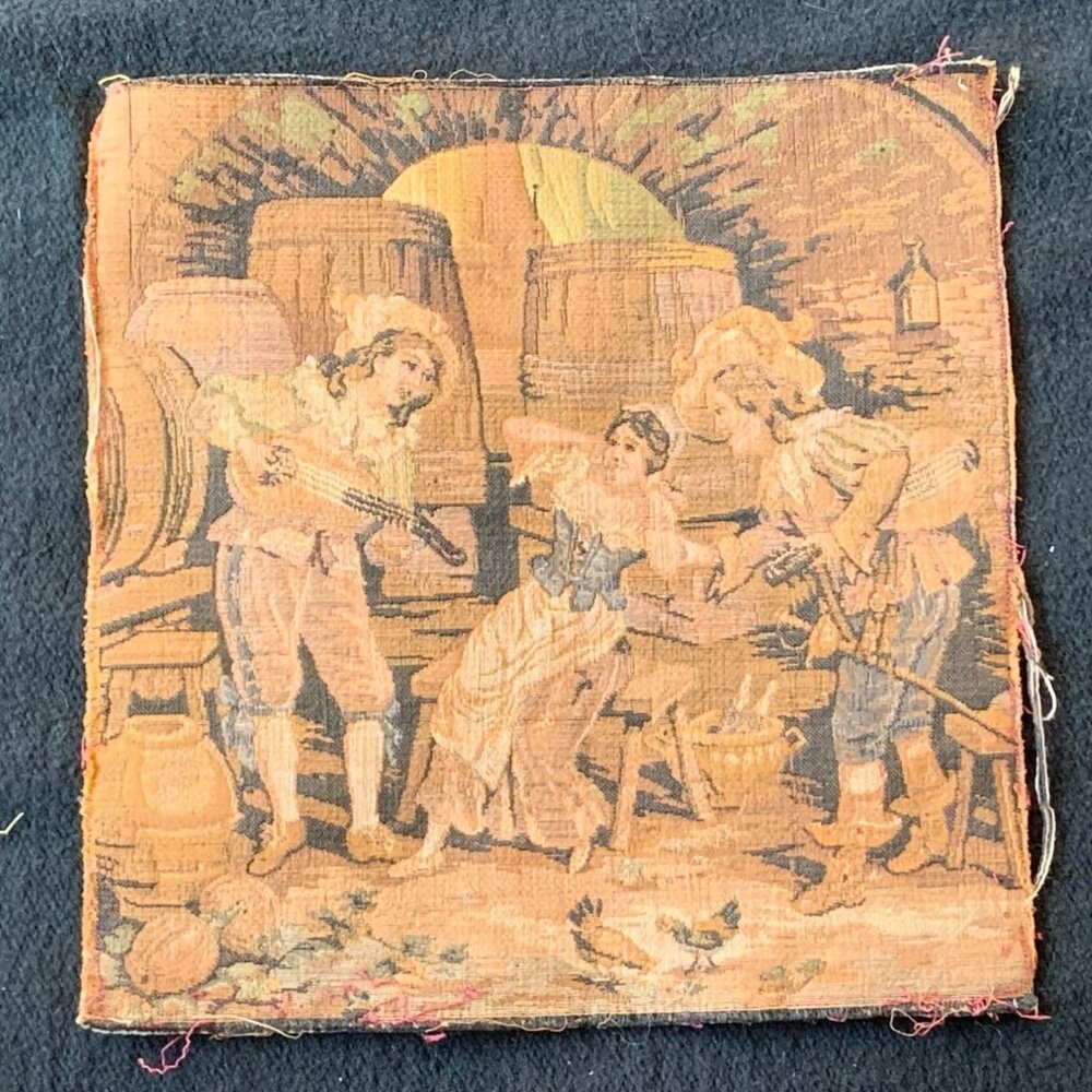 Vintage French Tapestry Square with Rustic Scene of Village Life